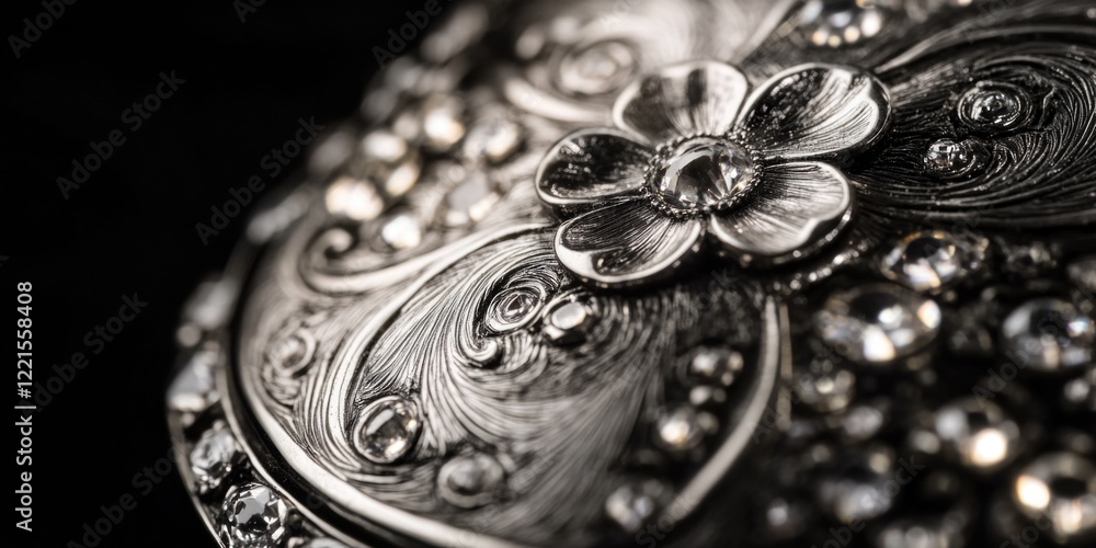 A silver box featuring a single flower on its surface, ideal for use in editorial or commercial contexts where a touch of elegance is required A silver box featuring a single flower on its surface, ideal for use in editorial or commercial contexts where a touch of elegance is required
