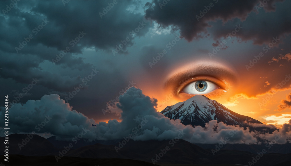 Fototapeta premium Giant eye emerging from stormy clouds at sunset, surreal fantasy