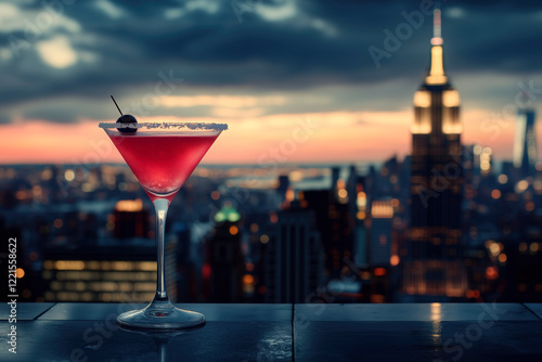 Cosmopolitan Cocktail at Sunset: Rooftop View of the City Skyline photo