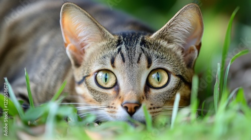 Fototapeta Naklejka Na Ścianę i Meble -  Intriguing Cat Peeking Through Grass