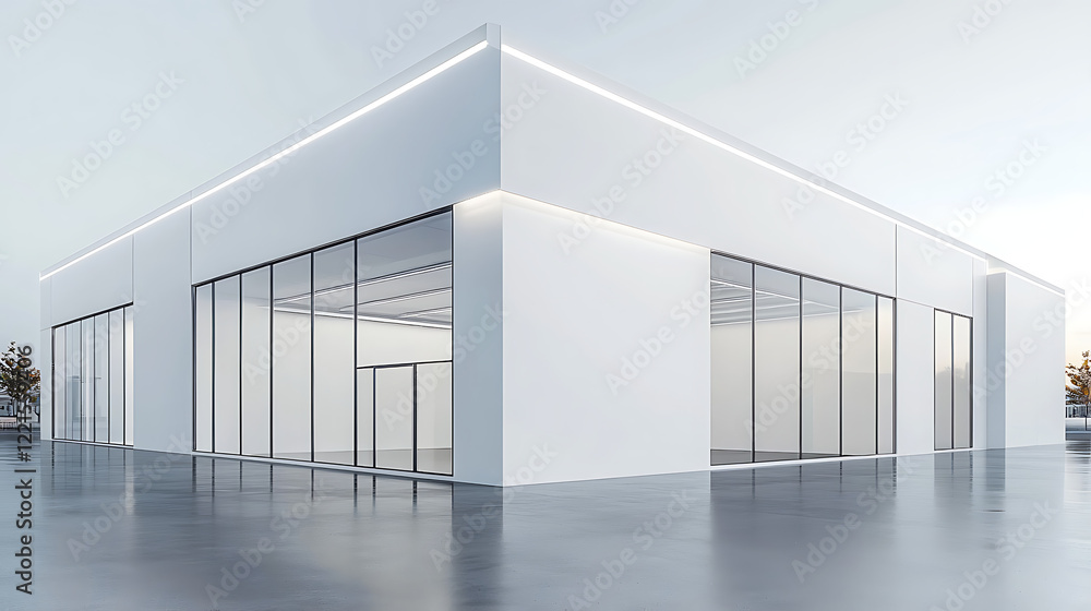 Obraz premium Modern white building with large glass windows and sleek design.