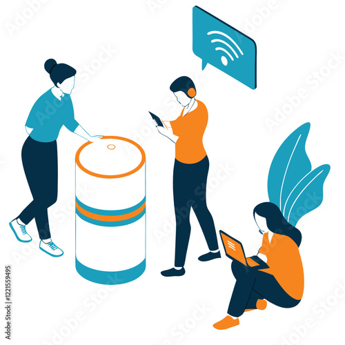 Clean design showing people interacting with a smart assistant Illustrator Artwork