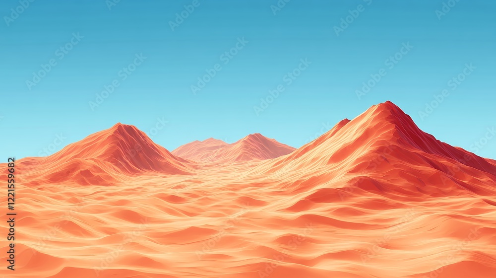 Naklejka premium Vast Desert Landscape With Orange Mountains Under a Clear Blue Sky During Mid-Day Hours