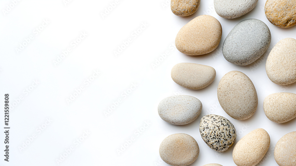 Smooth stones arranged on a white background, creating a calming and minimalist design. Perfect for spa, wellness, or nature themes. Smooth stones arranged on a white background, creating a calming and minimalist design. Perfect for spa, wellness, or nature themes.