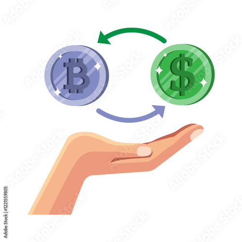 Exchange between cryptocurrency and fiat currency illustrated by hand gesture