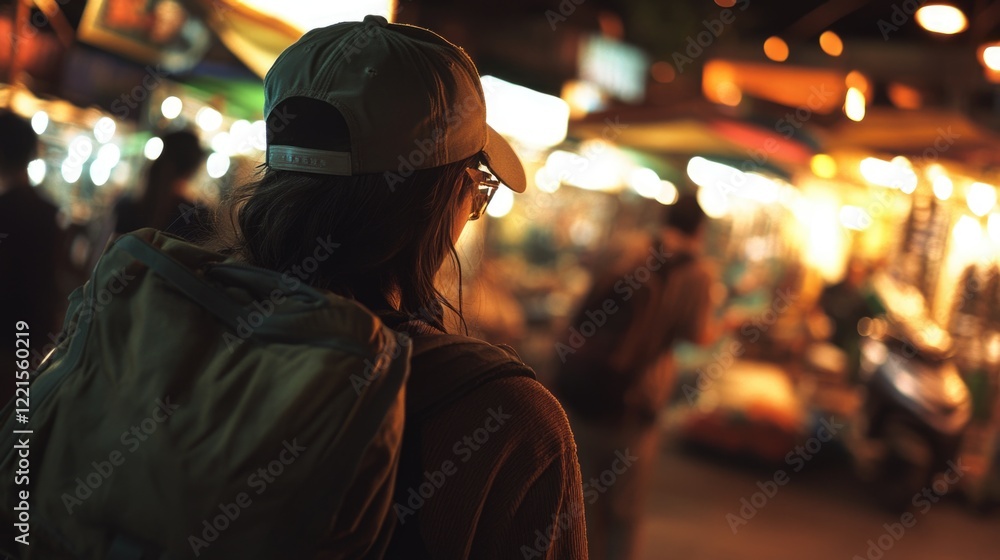 Obraz premium A person carrying a backpack stands outside a bustling market, ready for the day's adventures
