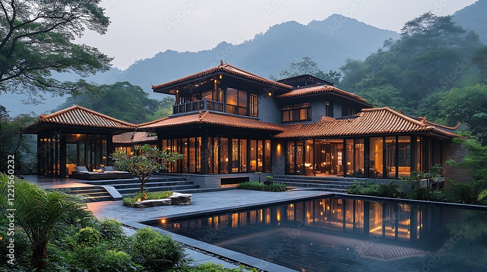 Obraz premium Vibrant scene showcasing a chinese villa with classic style and a tranquil swimming pool picture