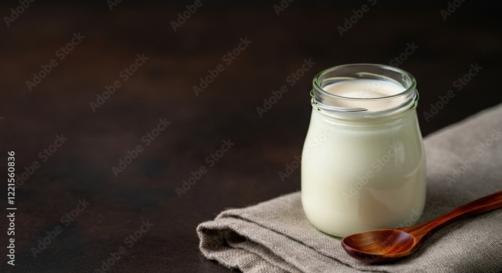 Fresh yogurt in a glass jar on a linen cloth with a wooden spoon Fresh yogurt in a glass jar on a linen cloth with a wooden spoon