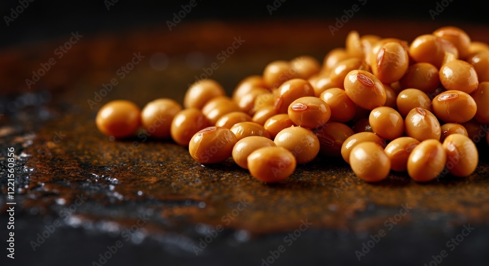 Close-up of roasted soybeans on a rustic surface Close-up of roasted soybeans on a rustic surface
