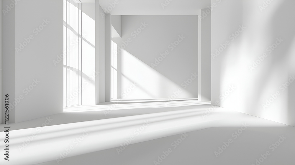 Obraz premium Sunlit minimalist white room interior. Bright, spacious, and modern design. Perfect for product placement or background.