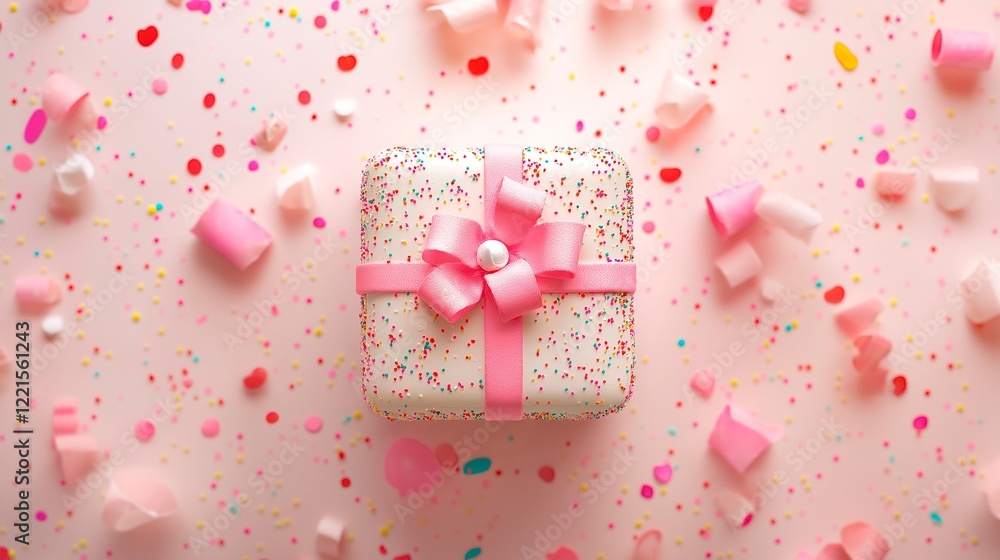 gift box with confetti on pink paper gift box with confetti on pink paper