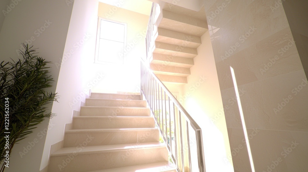 Sunlit interior staircase, modern home, plant, architecture, real estate Sunlit interior staircase, modern home, plant, architecture, real estate