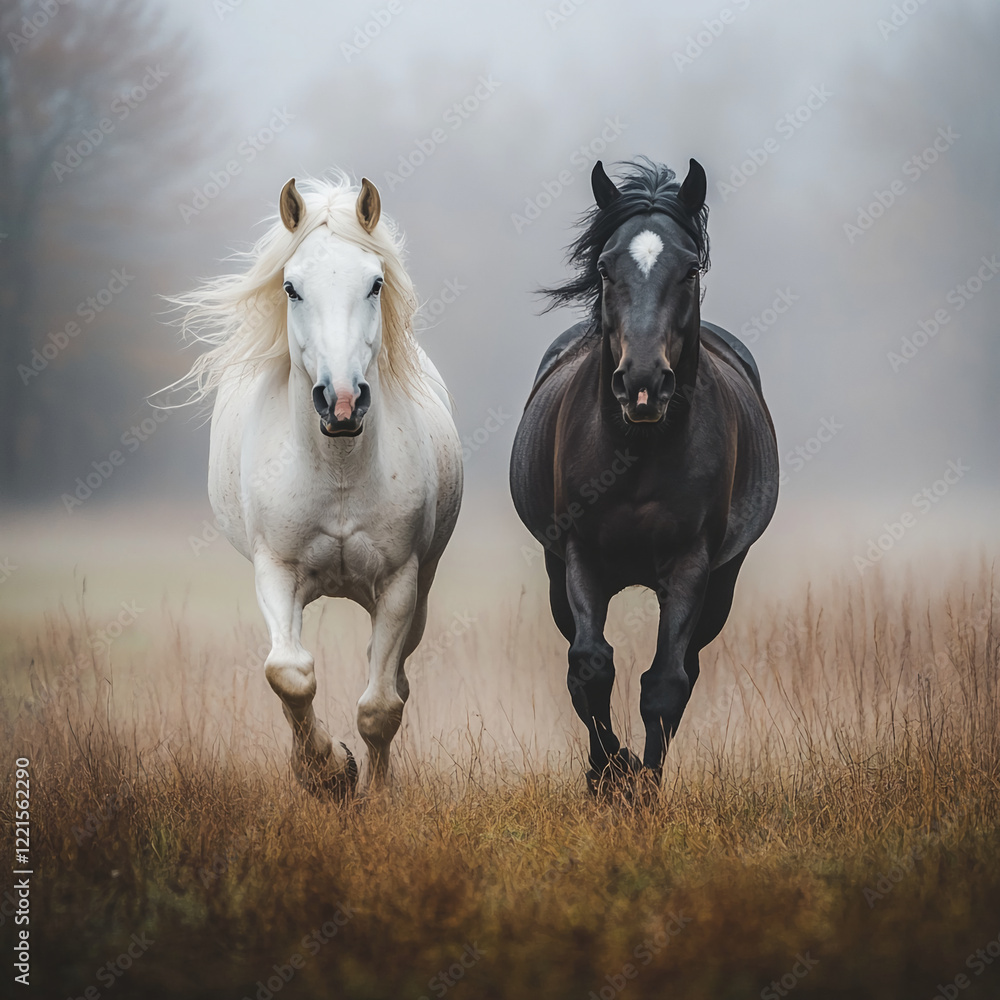 Fototapeta premium White and black horses running in the fog in a field.