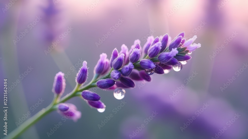 Naklejka premium Macro photography of lavender flowers with dew drops at sunrise