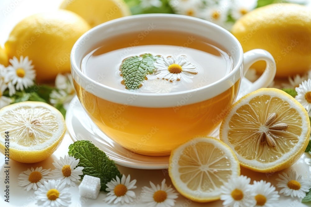 A warm cup of tea accompanied by slices of lemon and fresh daisies, perfect for a cozy moment A warm cup of tea accompanied by slices of lemon and fresh daisies, perfect for a cozy moment