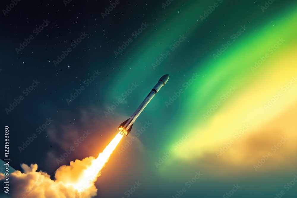 Fototapeta premium A rocket blasts off into the sky with a vibrant green and yellow aurora in the background