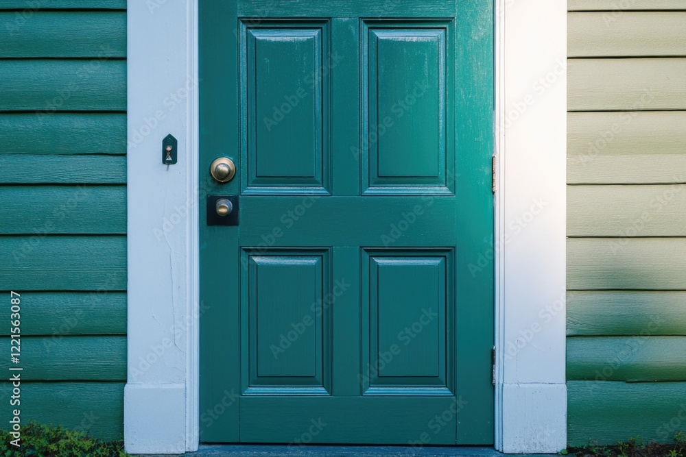 A green front door with a green house in the background, perfect for nature-inspired designs A green front door with a green house in the background, perfect for nature-inspired designs