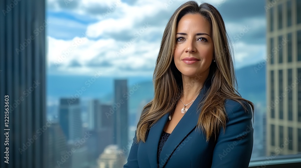 Fototapeta premium Confident businesswoman, city view, office, portrait (1)