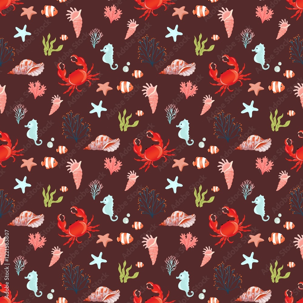 seamless pattern with mermaids, pattern with sea elements, underwater world seamless pattern with mermaids, pattern with sea elements, underwater world