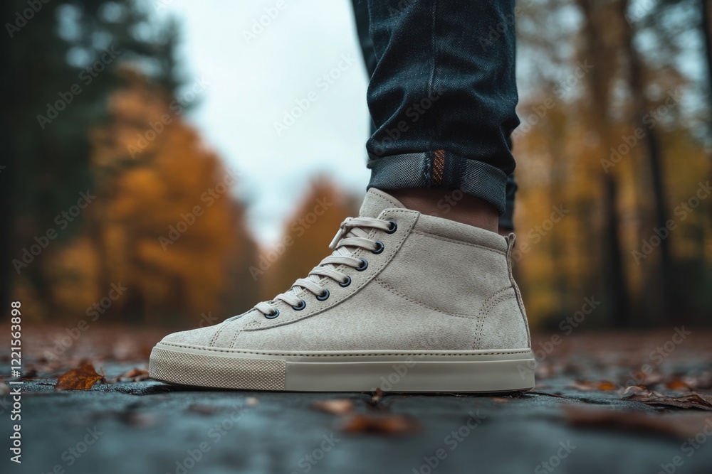 A person standing on a leaf-covered road, perfect for autumn or nature-inspired designs A person standing on a leaf-covered road, perfect for autumn or nature-inspired designs
