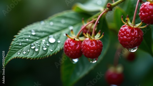 Macro photography of dew drops on leaves and red berries