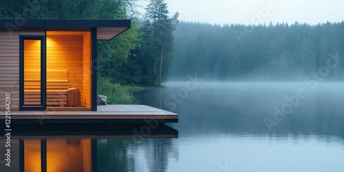 Fototapeta Naklejka Na Ścianę i Meble -  Soft lighting enhances the outdoor sauna's warmth beside a peaceful lake surrounded by lush greenery. Ideal for a relaxing experience at dusk promoting wellness and serenity