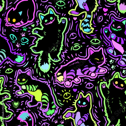 Cute bright horror cats. Seamless illustration