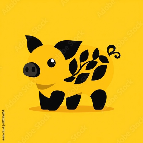 Cute yellow pig with black leaves, cartoon animal design, cheerful illustration photo