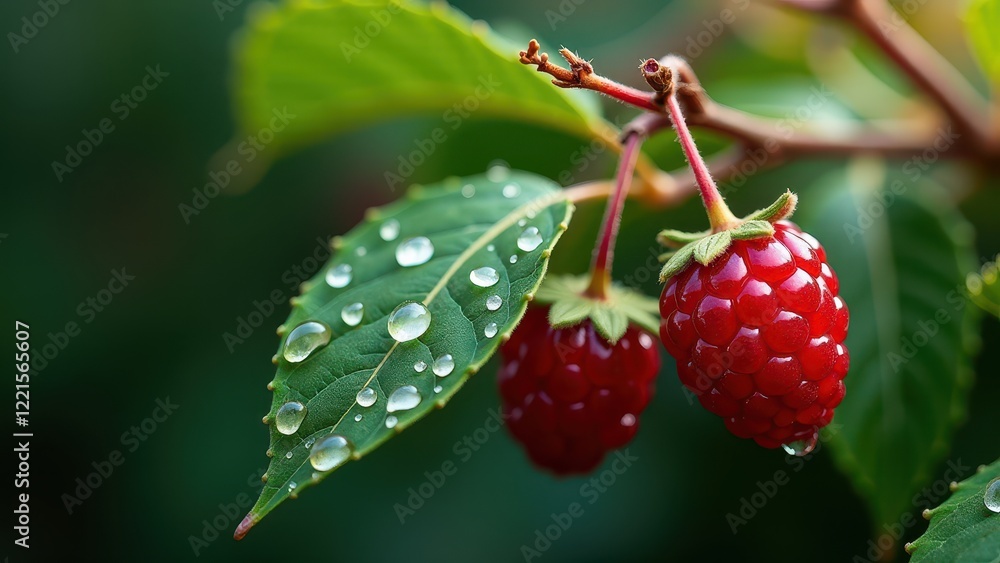 Macro photography of dew drops on leaves and ripe red raspberries Macro photography of dew drops on leaves and ripe red raspberries