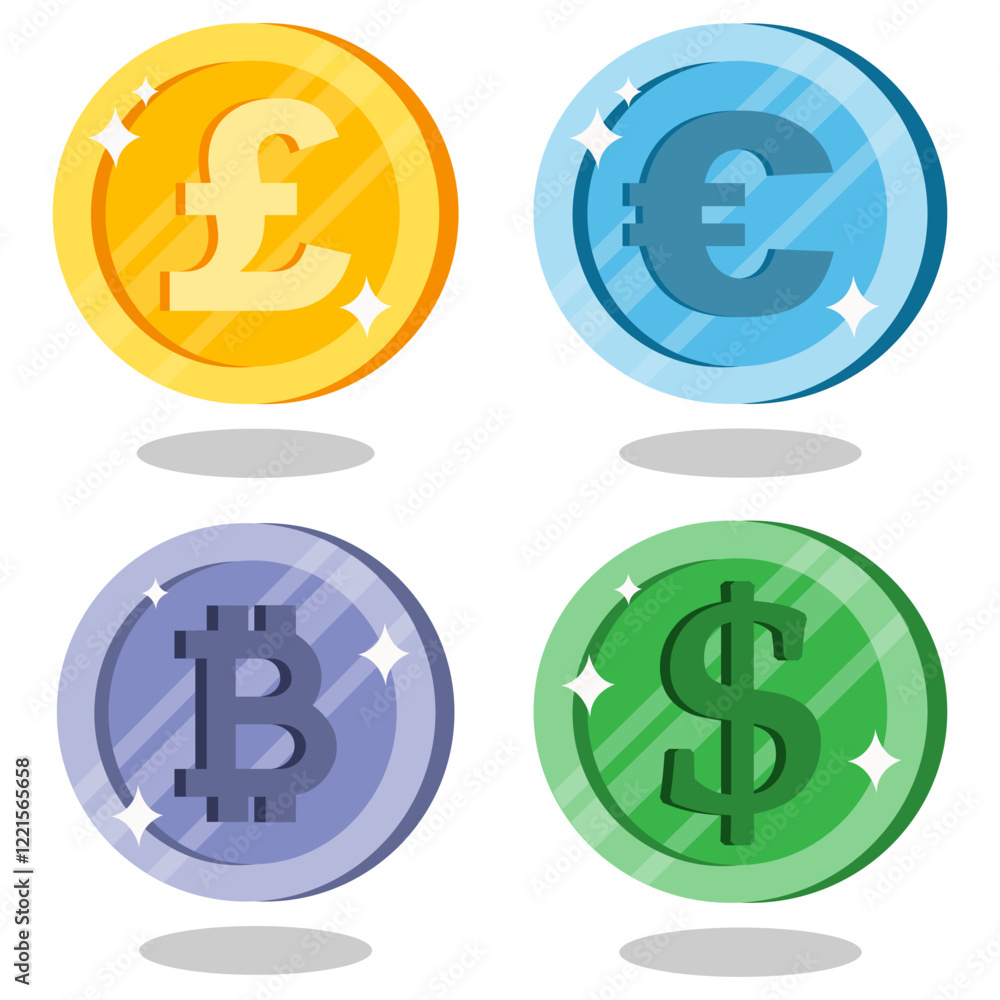 Colorful coins with shine effects show various currency symbols for financial illustration Colorful coins with shine effects show various currency symbols for financial illustration
