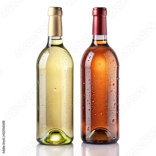 Chilled white and rosé wine bottles - A chilled white wine bottle and rosé wine bottle with condensation, ideal for refreshing drinks and elegant occasions.

