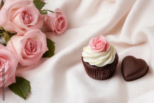 Valentine's cupcake with roses and heart chocolate  . photo