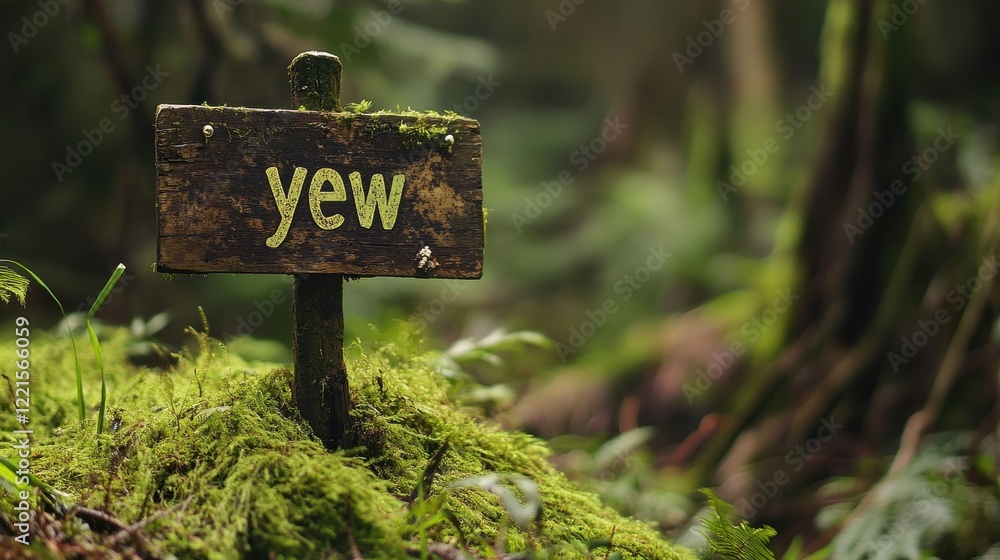 Close-up of a rustic wooden sign deeply embedded in vibrant green moss, located within a lush forest, displaying the word 'yew' in bold white letters Close-up of a rustic wooden sign deeply embedded in vibrant green moss, located within a lush forest, displaying the word 'yew' in bold white letters