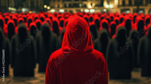 In a dimly lit urban square, a red-hooded figure faces away, their vivid color contrasting sharply against a mass of dark, indistinct hooded forms, symbolizing isolation in the dig photo