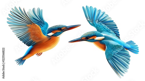 Two kingfishers in flight with vibrant plumage against a white backdrop, ideal for nature projects photo