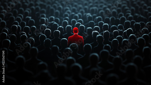 A dense crowd of matte black silhouettes, with a striking red figure in sharp contrast under a spotlight, emphasizing the peril of insider threats in data environments.
