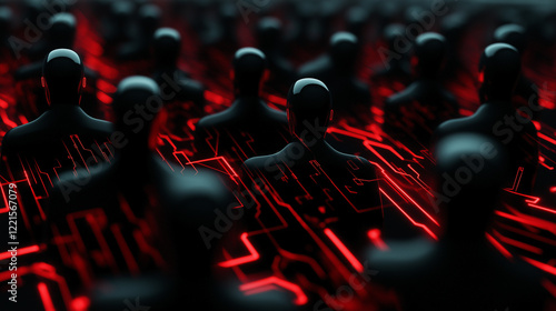 Black figures with minimal features fill the scene, while sharp red figures intermingle with glowing circuit patterns surrounding them, evoking covert risks in a connected world. photo