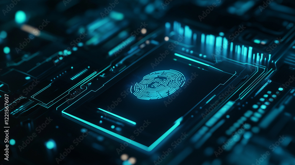 A digital padlock with a fingerprint scanner glowing in neon blue, surrounded by symbols of encrypted data and safety measures. A digital padlock with a fingerprint scanner glowing in neon blue, surrounded by symbols of encrypted data and safety measures.