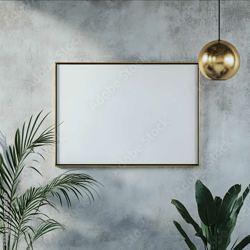 Close up on a single horizontal blank A3 picture frame mockup hanging on a cement wall nordic style photo