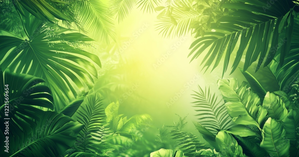 Lush Green Jungle Setting With Vibrant Palm Leaves and Soft Light Filtering Through the Foliage During Early Morning Hours Lush Green Jungle Setting With Vibrant Palm Leaves and Soft Light Filtering Through the Foliage During Early Morning Hours
