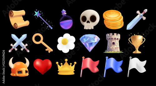 Gaming 3D medieval icons, Cartoon set for online games, apps. Gift UI, GUI for Mobile App. Ancient scroll, helmet, sword, potion, flag, sword, staff, skull and more. 3D GUI icons, vector graphic set