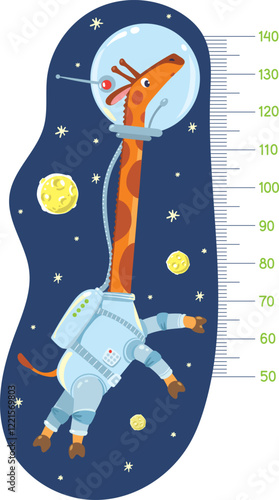 Funny giraffe astronaut or cosmonaut in outer space. Height meter or meterwall or wall sticker. Childrens vector illustration with scale from 50 to 140 centimeter to measure growth