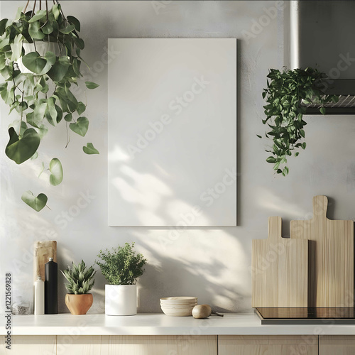 Scandinavian brightly lit simple kitchen with a few large hanging plants On the wall hanging a large 23 blank canvas photo