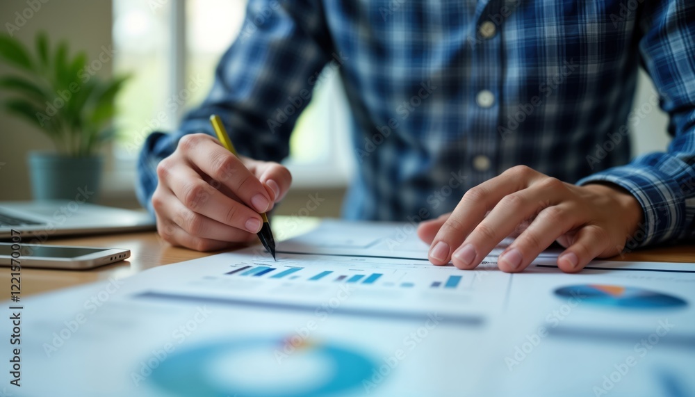 Person analyzes financial data with documents, charts. Businessman meticulously reviews marketing research, development plans. Close-up view of hands working on business reports. Office environment. Person analyzes financial data with documents, charts. Businessman meticulously reviews marketing research, development plans. Close-up view of hands working on business reports. Office environment.
