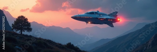 Wallpaper Mural Glowing spaceship hovering above landscape with hills and trees, hills, tree, ship Torontodigital.ca