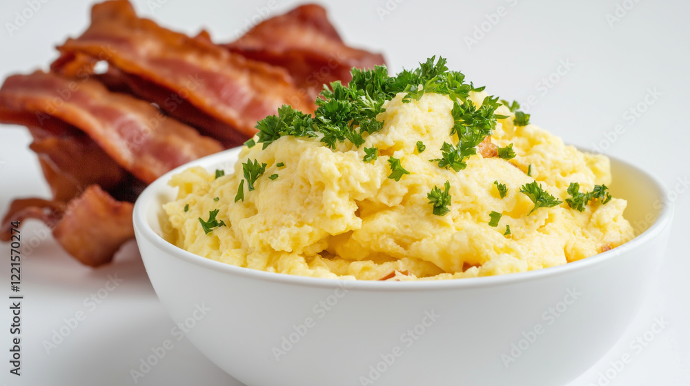A fluffy scrambled egg served in a white bowl, garnished with chopped parsley and a side of crispy bacon, all on a white background. A fluffy scrambled egg served in a white bowl, garnished with chopped parsley and a side of crispy bacon, all on a white background.