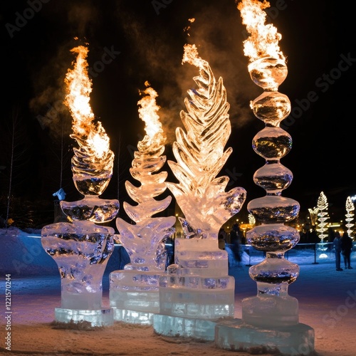 A group of intricate ice sculptures with flames on top, perfect for winter or festive occasions photo