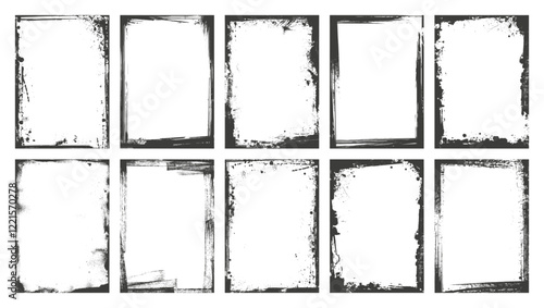 Realistic grunge overlay texture, paint frame. Old paper set with old, grunge, grainy, vintage, worn, dust effect. Distressed overlay texture stamps. Vector graphic template. Stamps distress grain