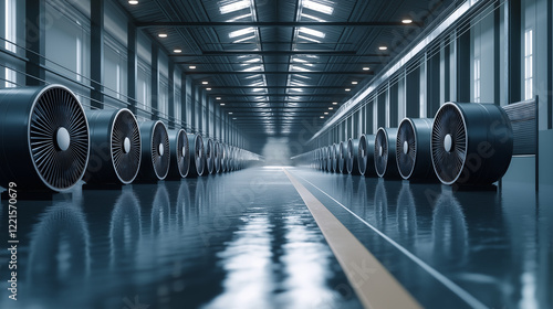 A spacious warehouse filled with powerful axial fans, their blades in motion, strategically positioned near pooling water on the concrete floor, with sunlight streaming through hig photo