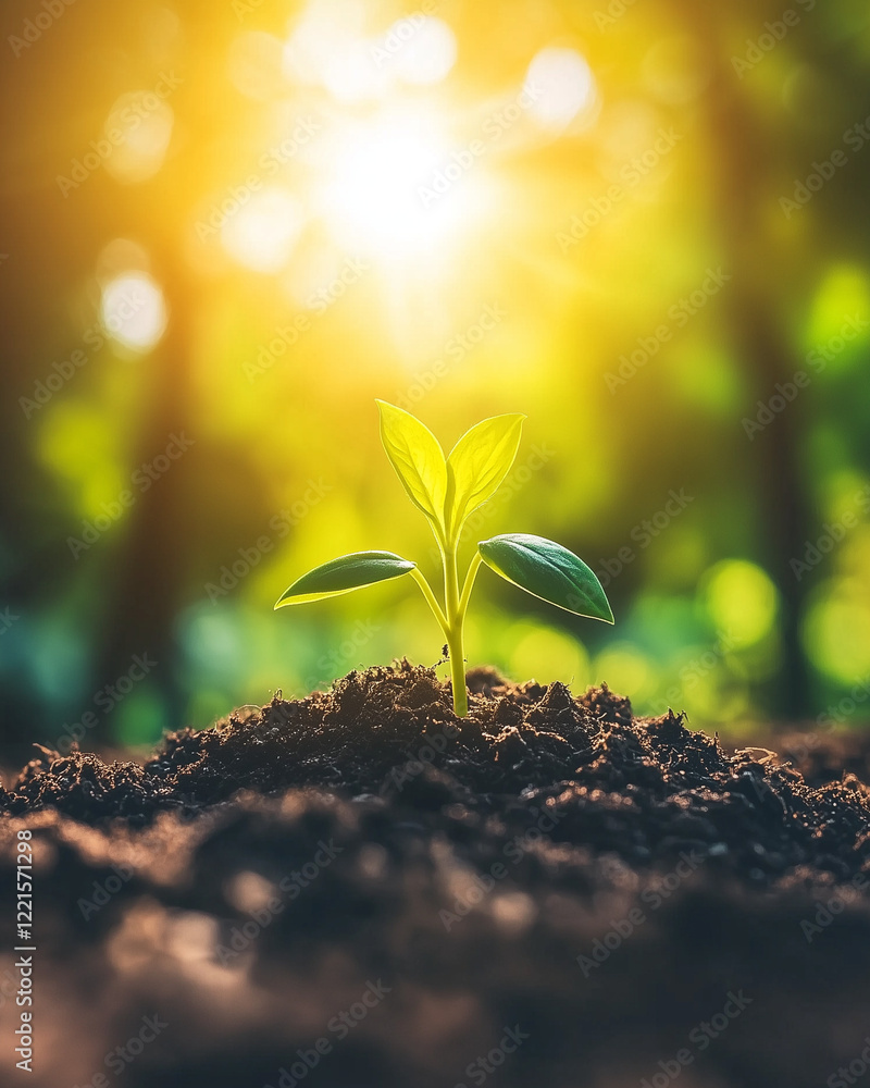 Seedling growing in soil under bright sunlight Seedling growing in soil under bright sunlight